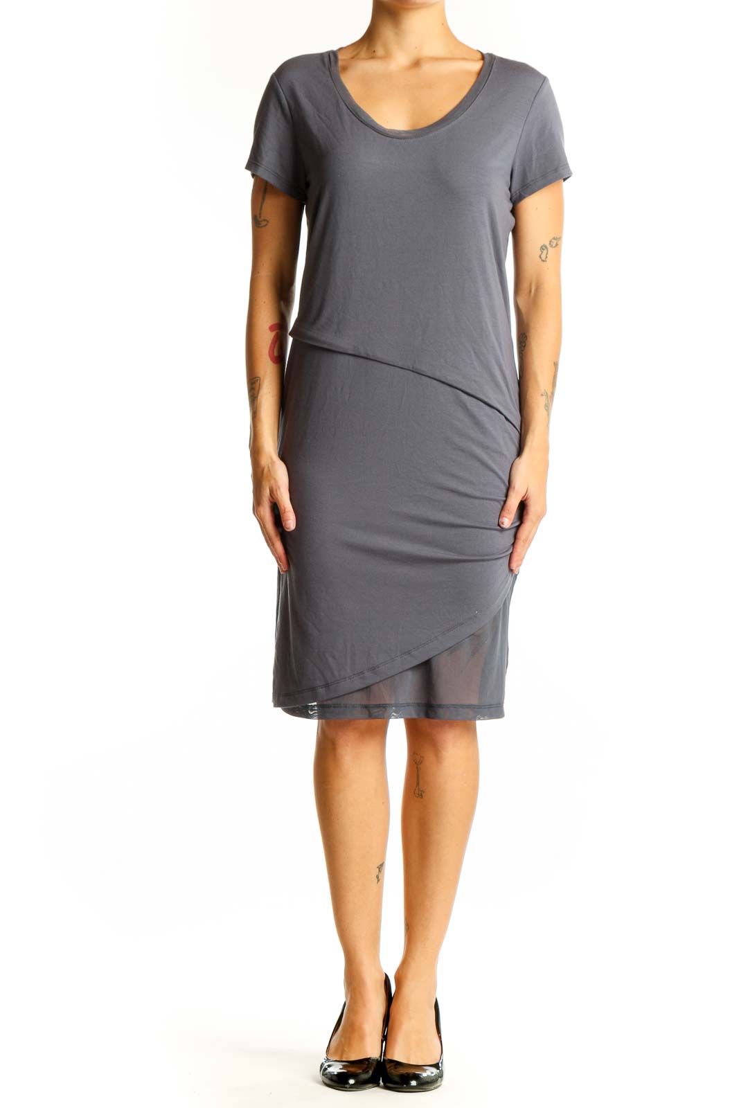 Front view of gray Halcyon dress with asymmetrical hem and ruching