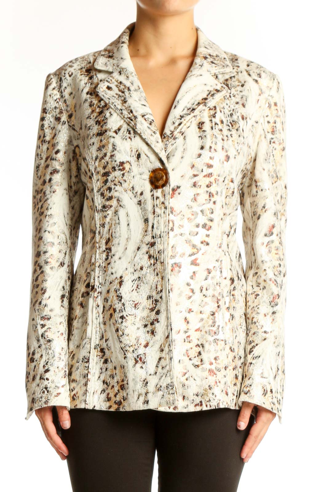 Front view of cream animal print blazer by Berek