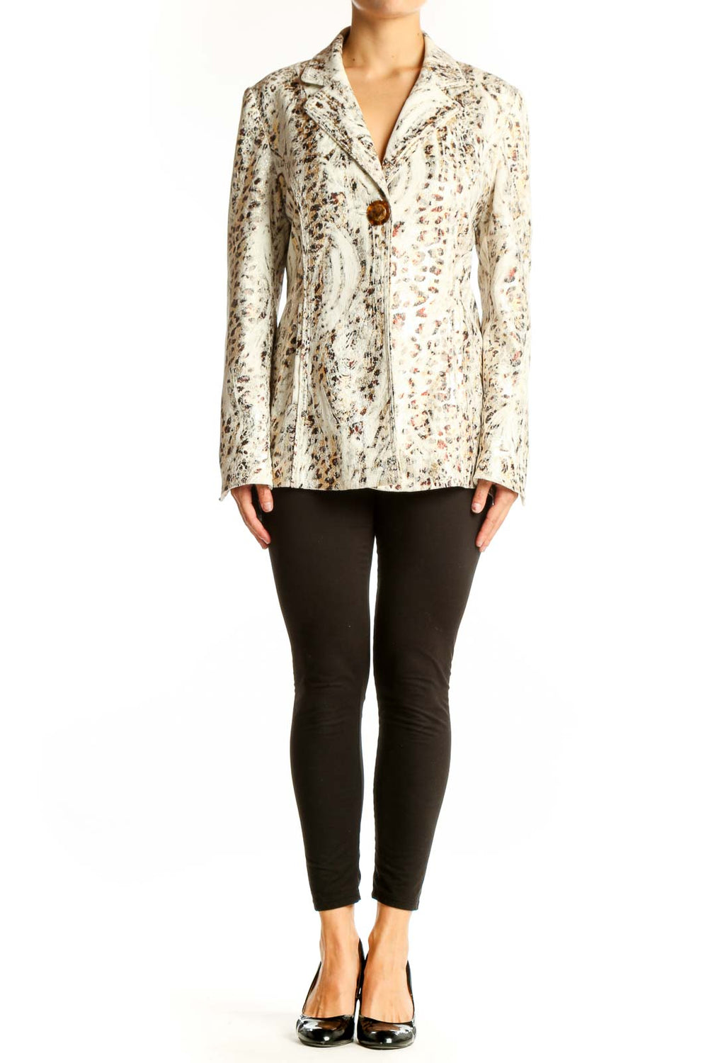 Front view of cream animal print blazer by Berek