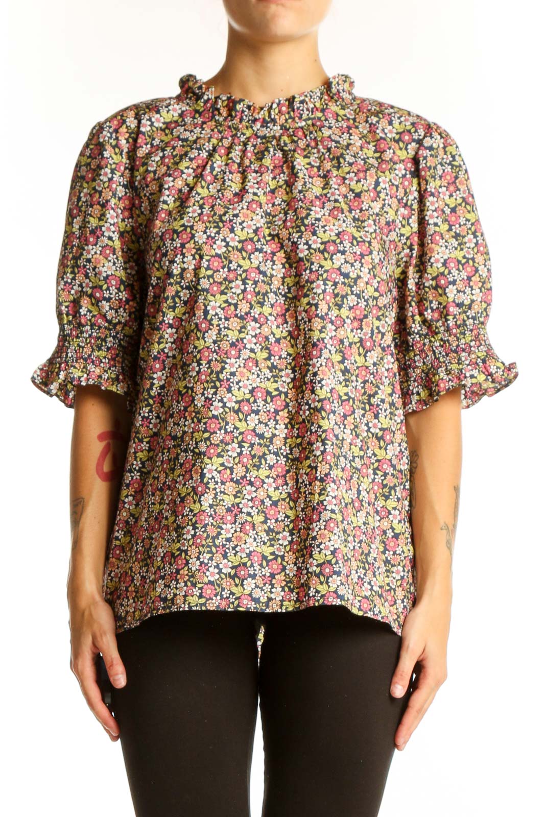 Front view of J.Crew multicolor floral puff sleeve blouse