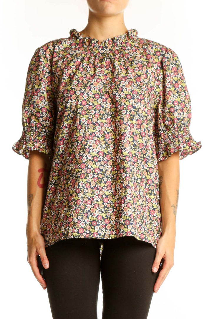 Front view of J.Crew multicolor floral puff sleeve blouse