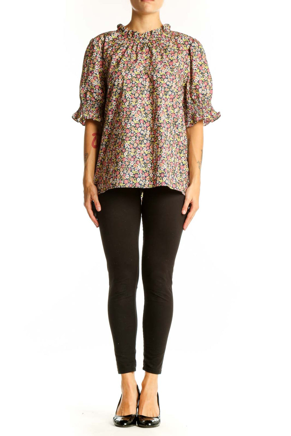 Front view of J.Crew multicolor floral puff sleeve blouse