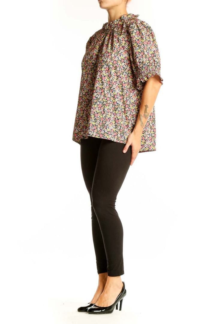 Front view of J.Crew multicolor floral puff sleeve blouse