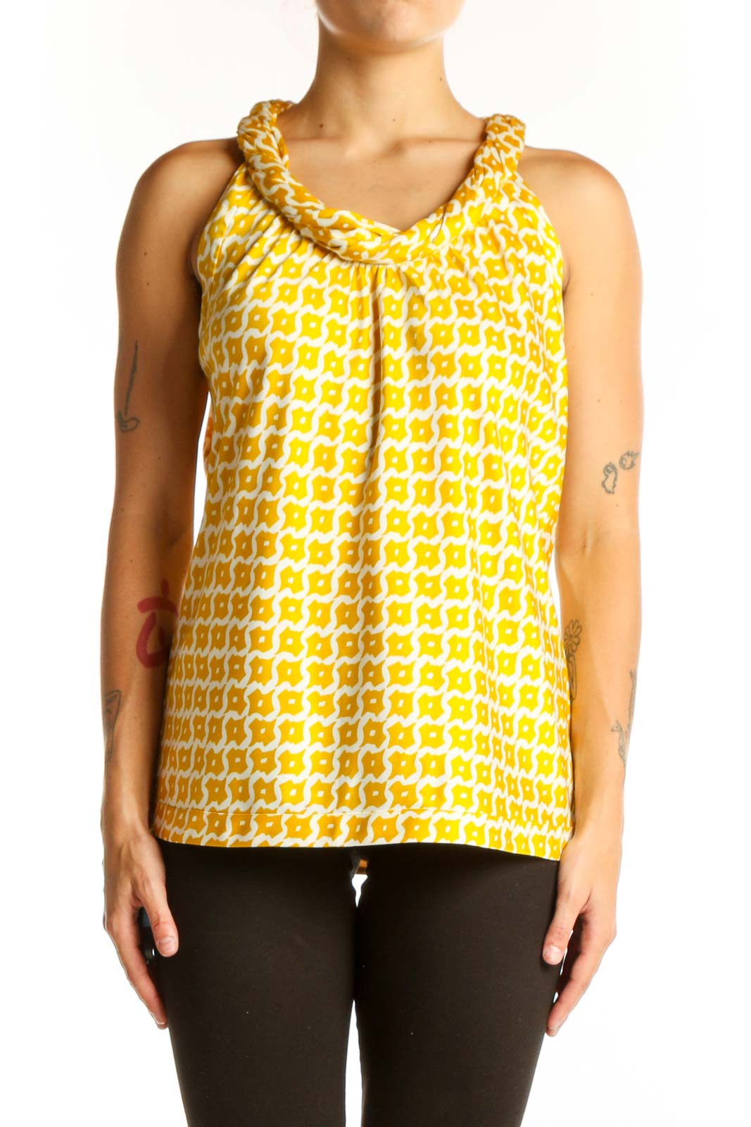 Front view of Banana Republic yellow geometric print sleeveless top