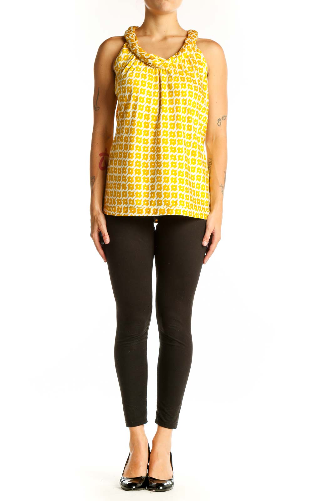 Front view of Banana Republic yellow geometric print sleeveless top