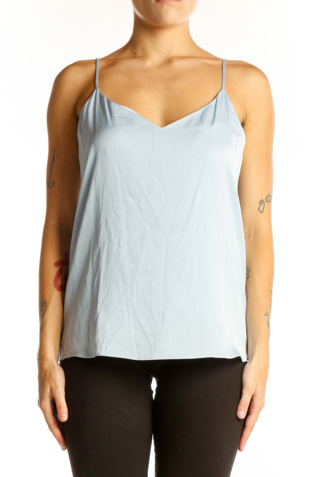Front view of light blue silk camisole top from Quince