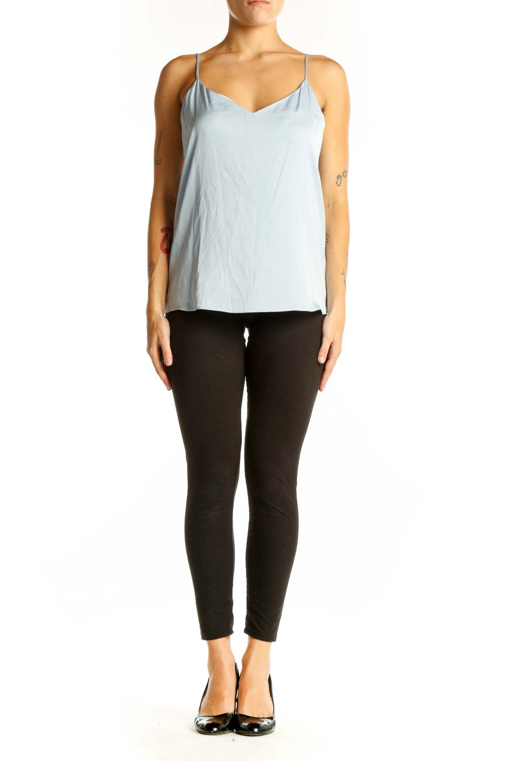 Front view of light blue silk camisole top from Quince