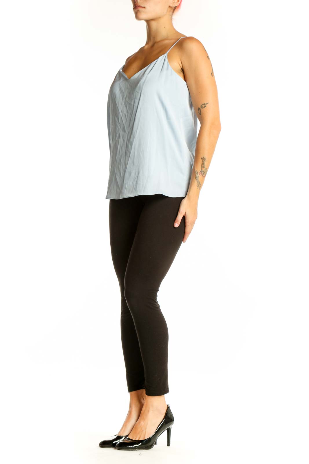 Front view of light blue silk camisole top from Quince
