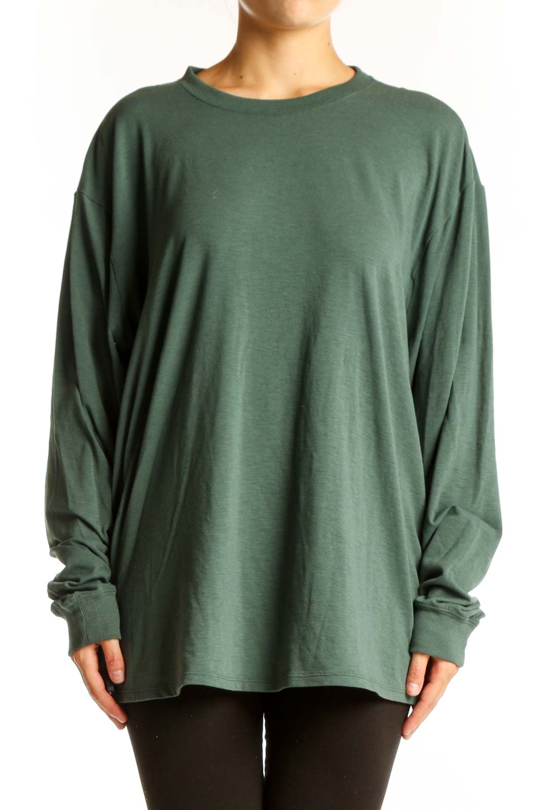 Front view of green Nike oversized long sleeve athletic top