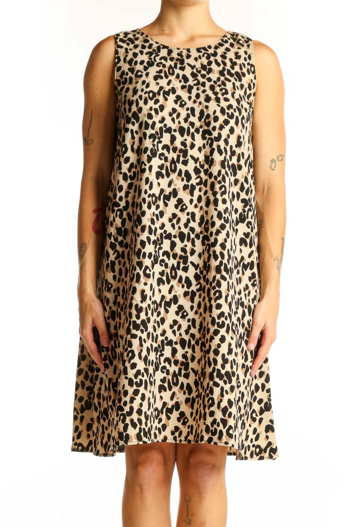 Front view of tan leopard print sleeveless shift dress by Halogen