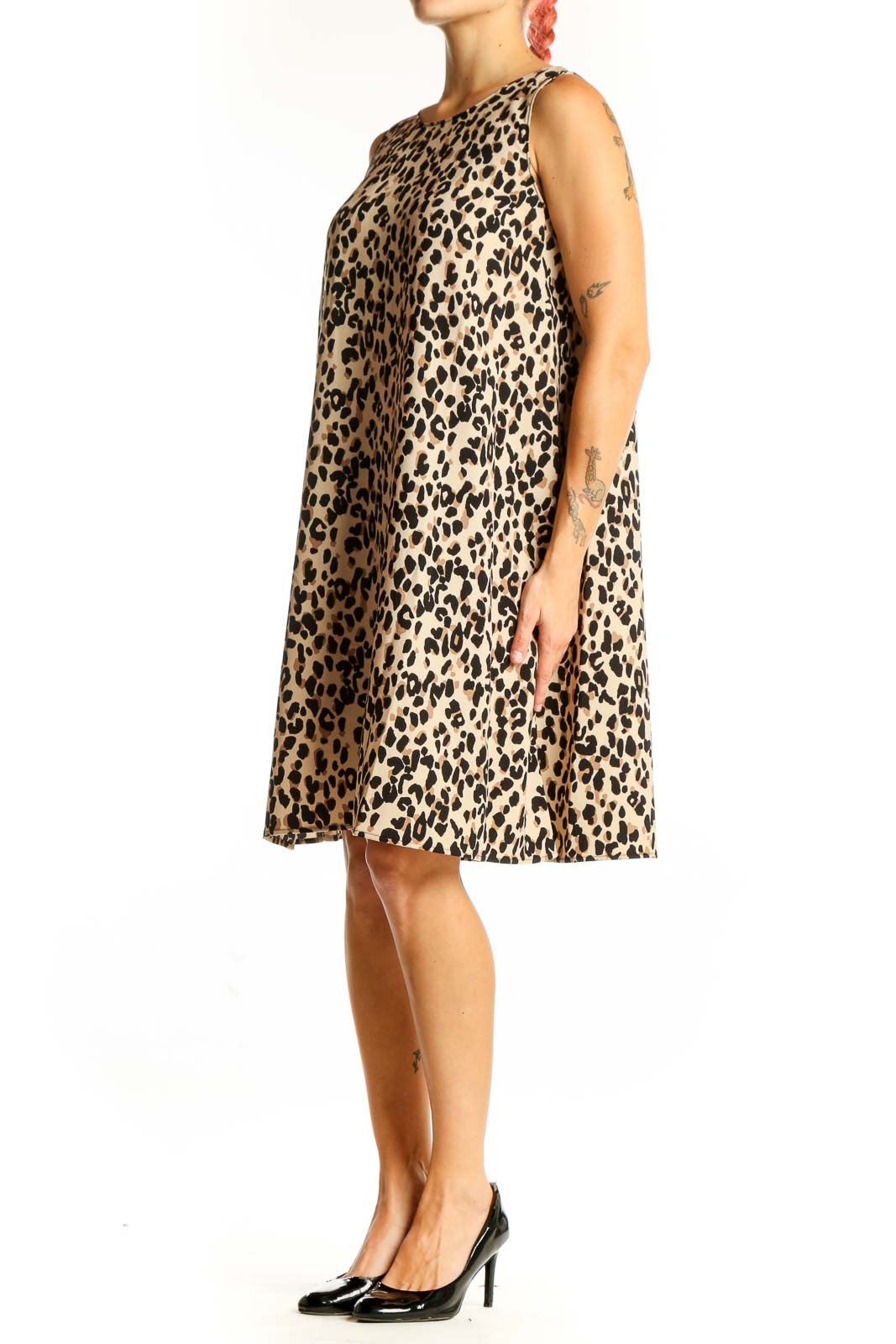 Front view of tan leopard print sleeveless shift dress by Halogen