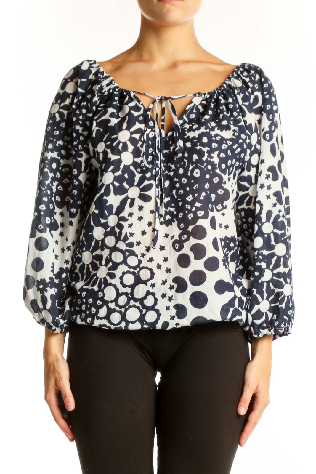 Front view of Trina Turk Navy and White Floral Print Peasant Top