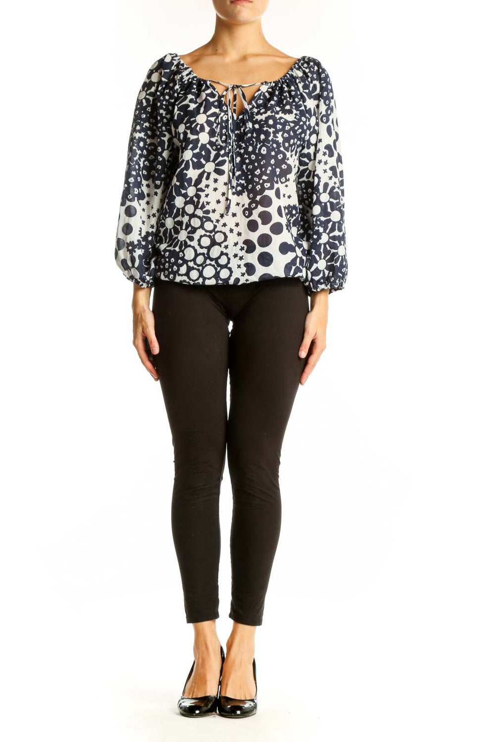Front view of Trina Turk Navy and White Floral Print Peasant Top