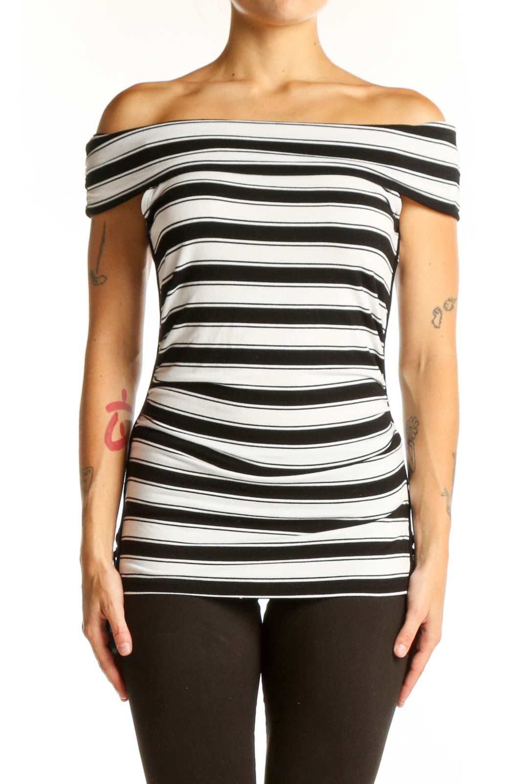Front view of Black and White Striped Off-Shoulder Top from White House Black Market