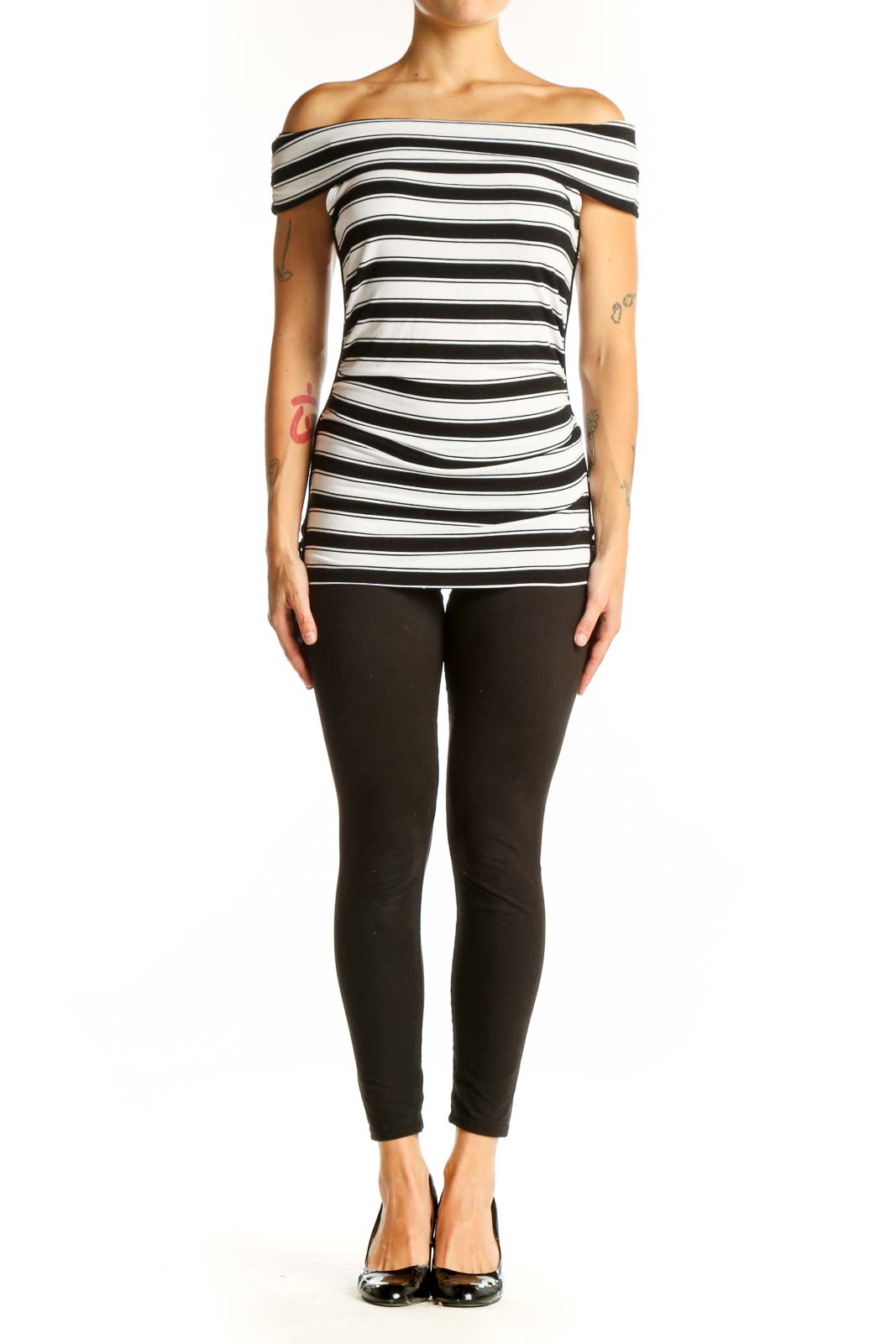 Front view of Black and White Striped Off-Shoulder Top from White House Black Market