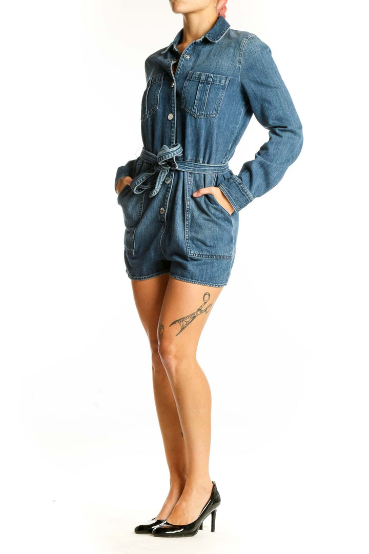 Front view of Express blue denim button-up romper with belt