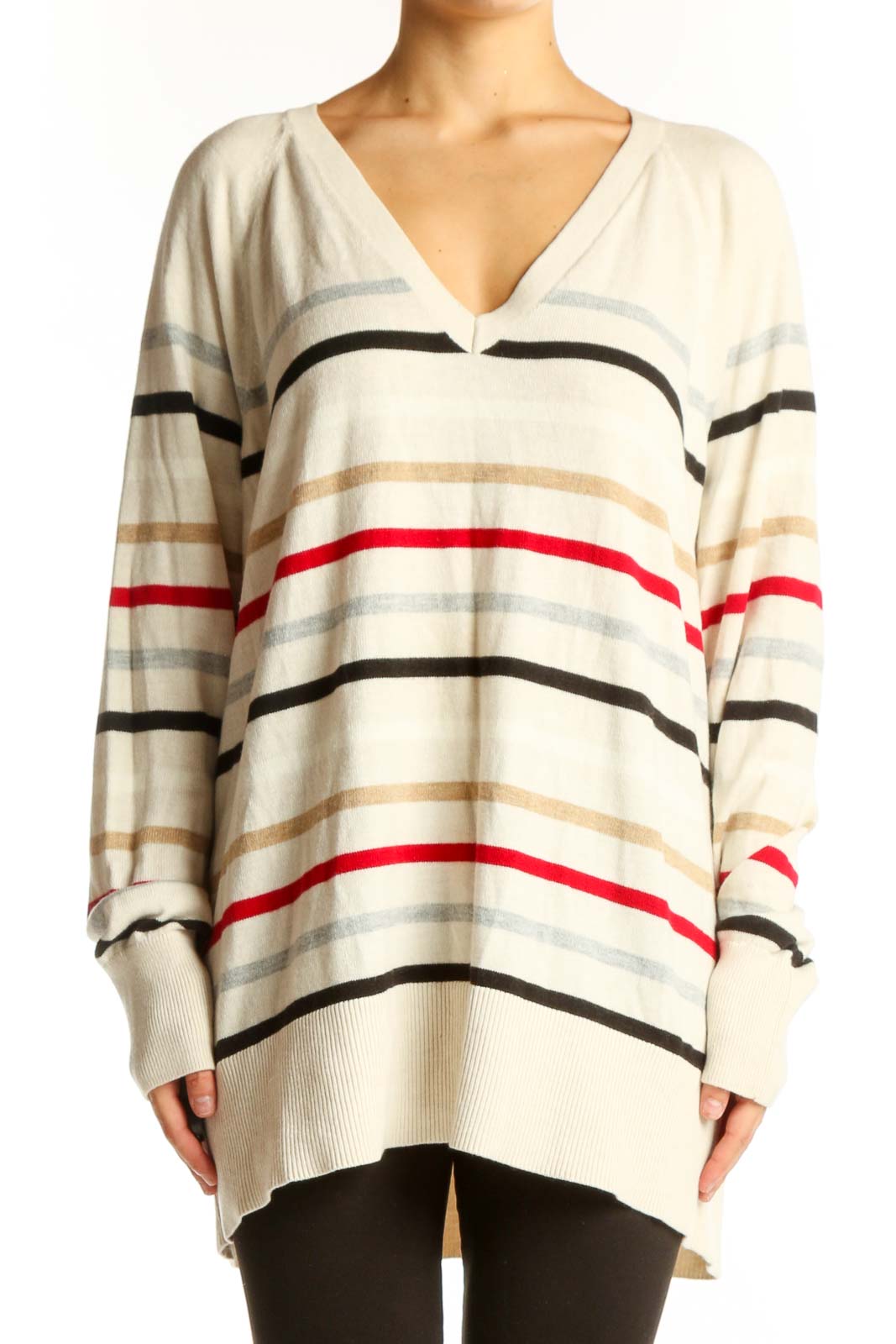 Front view of cream striped V-neck oversized sweater from LOFT
