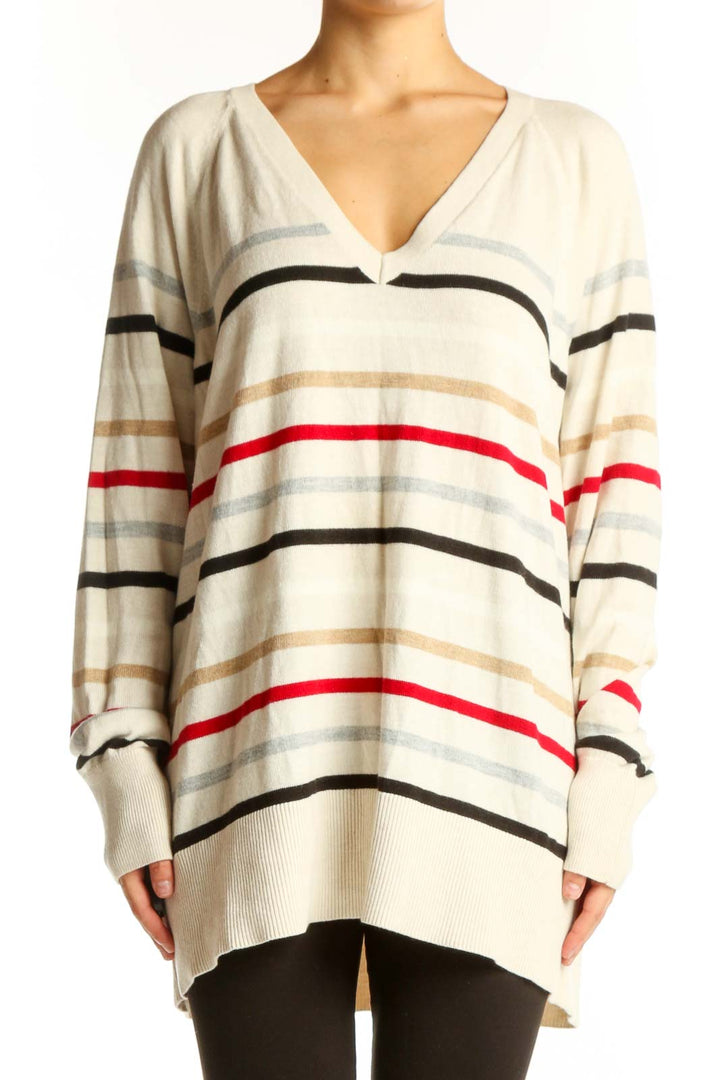 Front view of cream striped V-neck oversized sweater from LOFT