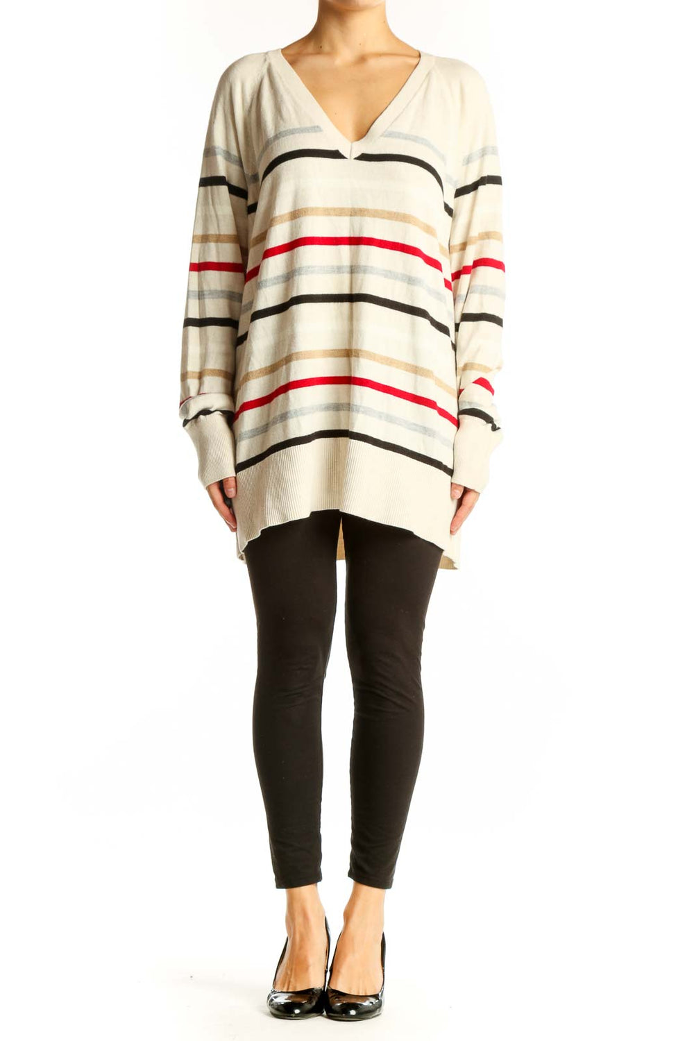 Front view of cream striped V-neck oversized sweater from LOFT