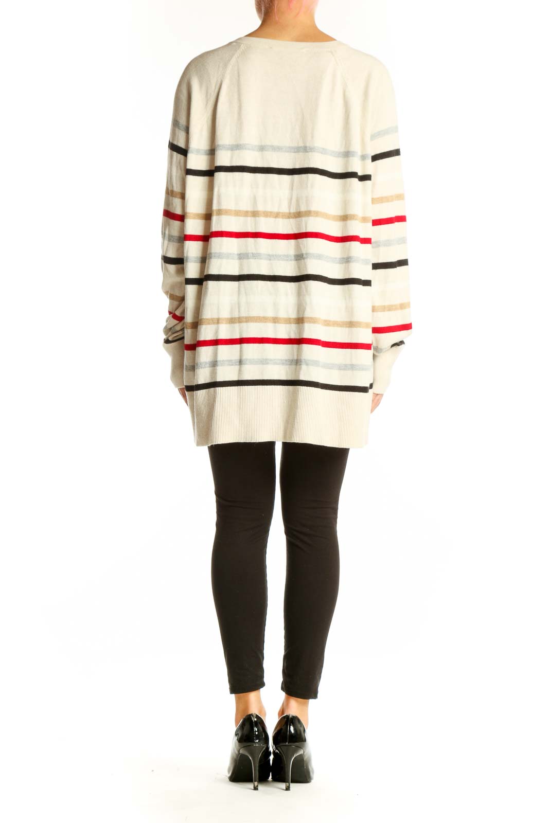 Side view of model wearing cream striped V-neck oversized sweater from LOFT