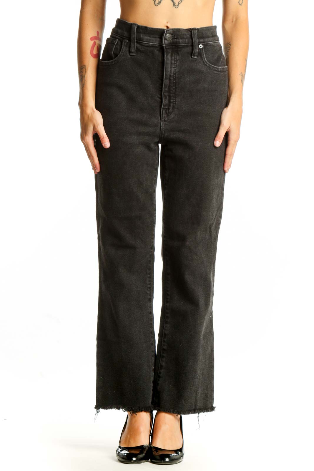 Front view of Madewell black high-waisted wide-leg jeans