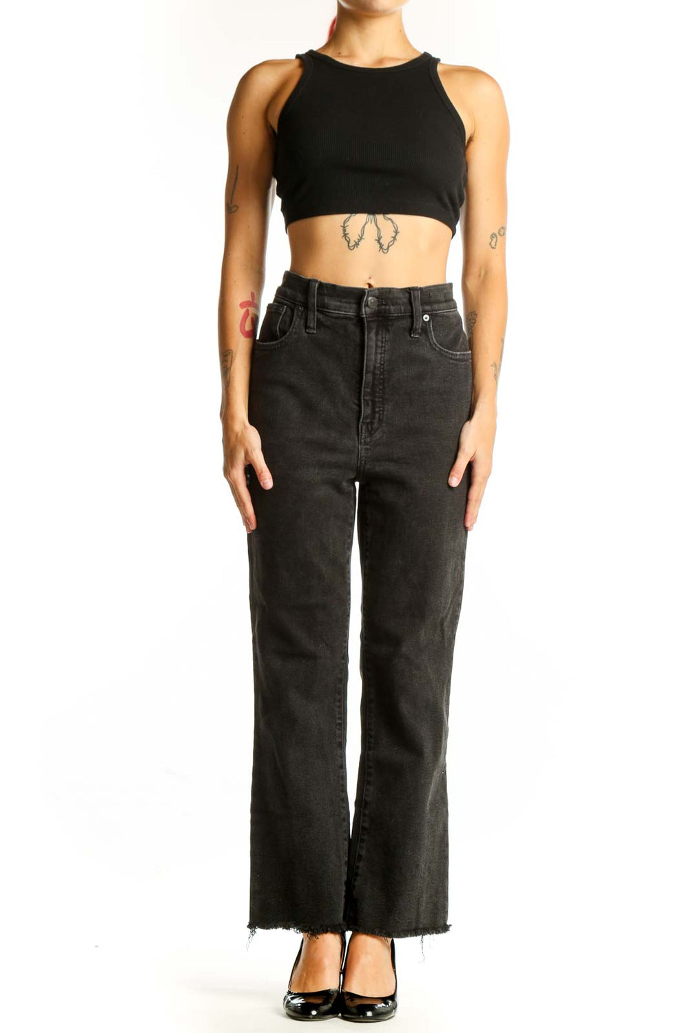 Front view of Madewell black high-waisted wide-leg jeans
