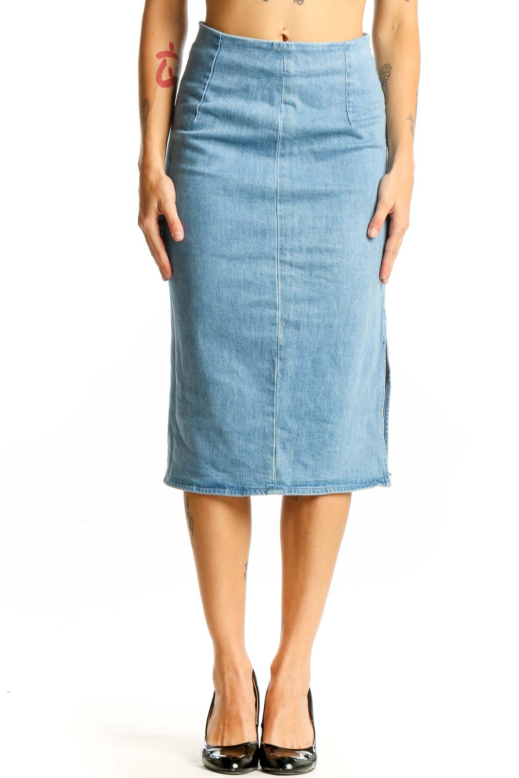 Front view of J.Crew light blue denim midi pencil skirt
