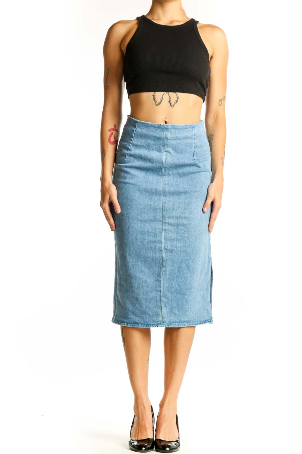 Front view of J.Crew light blue denim midi pencil skirt
