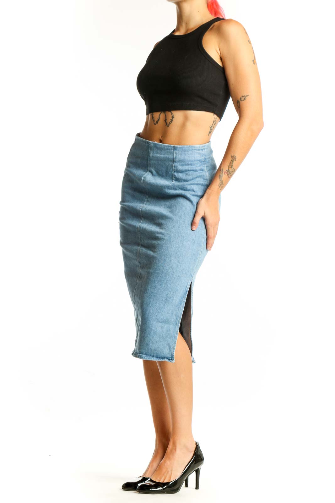 Front view of J.Crew light blue denim midi pencil skirt