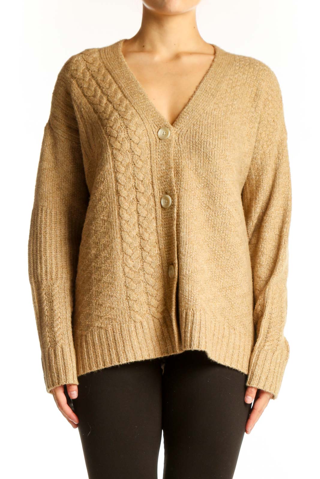 Front view of Cabi camel cable knit V-neck cardigan