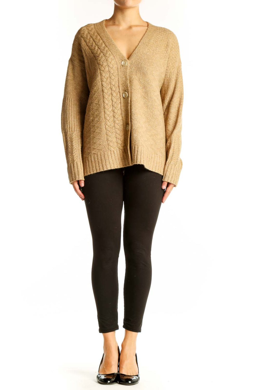 Front view of Cabi camel cable knit V-neck cardigan