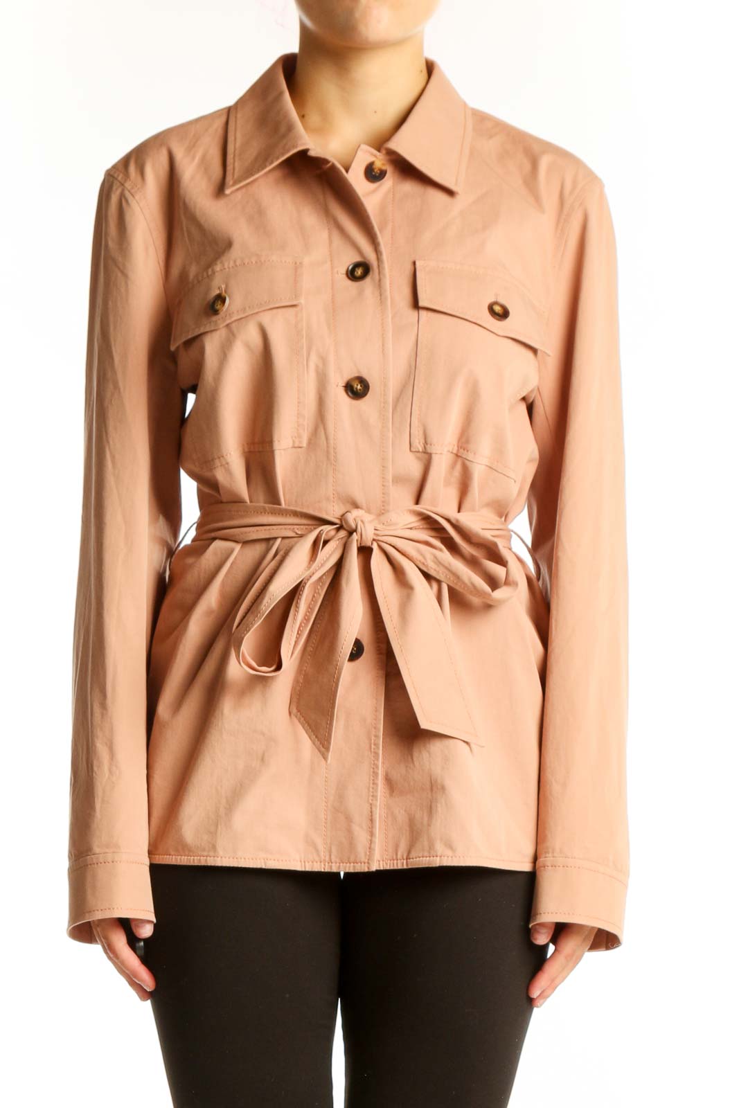 Front view of peach Lafayette 148 New York safari jacket with belt