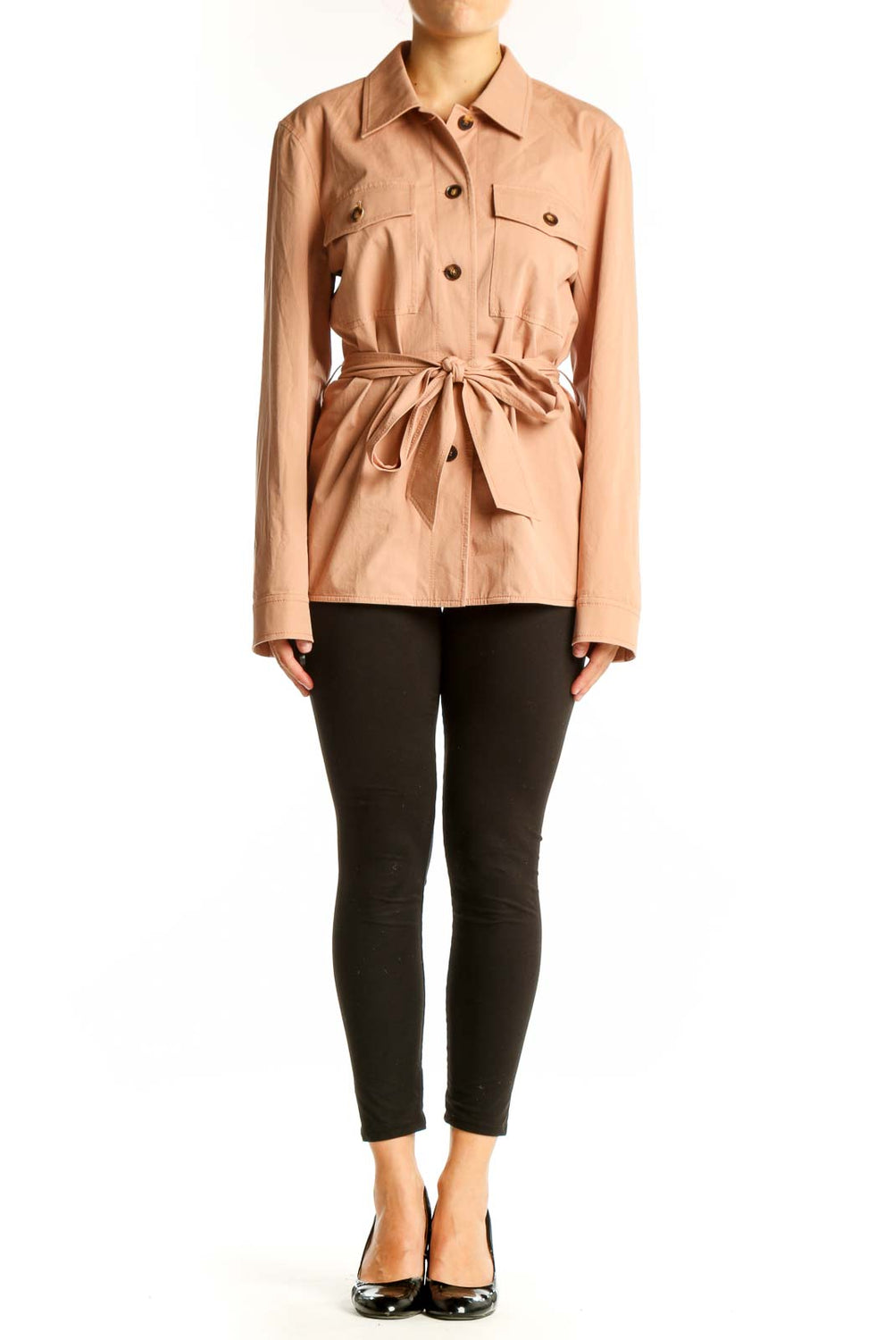 Front view of peach Lafayette 148 New York safari jacket with belt
