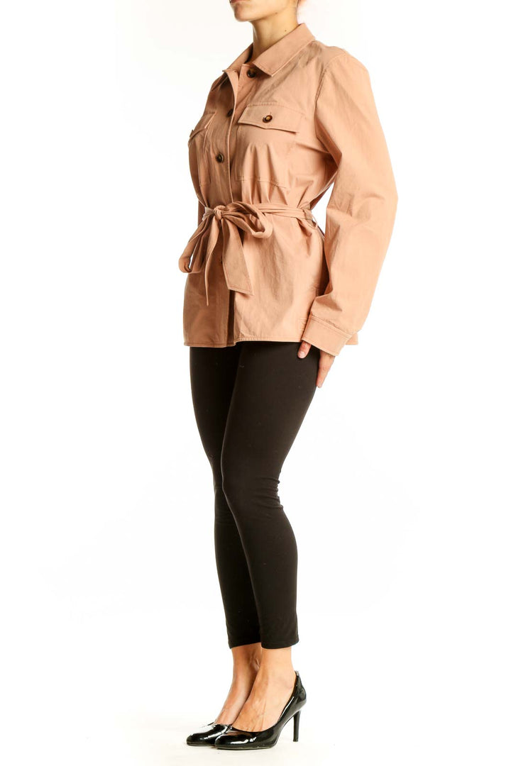 Front view of peach Lafayette 148 New York safari jacket with belt