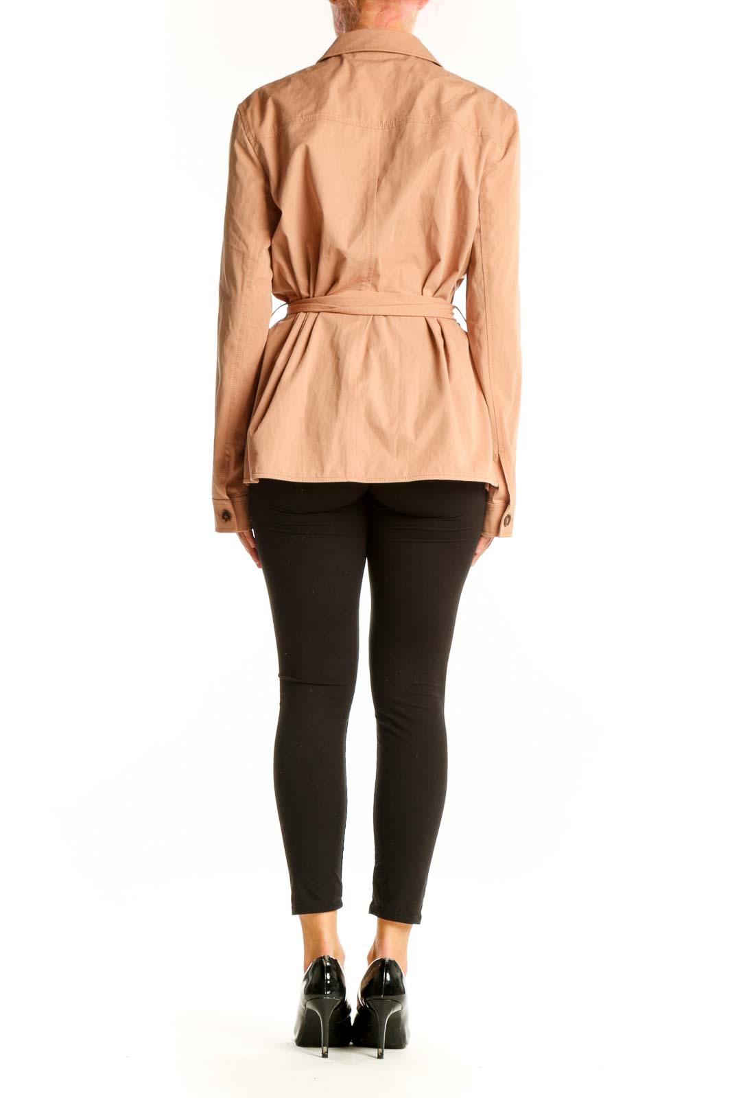 Side view of peach Lafayette 148 New York safari jacket with belt