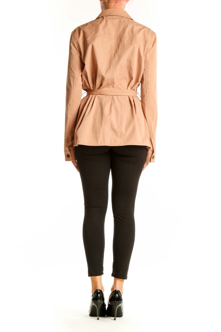 Side view of peach Lafayette 148 New York safari jacket with belt