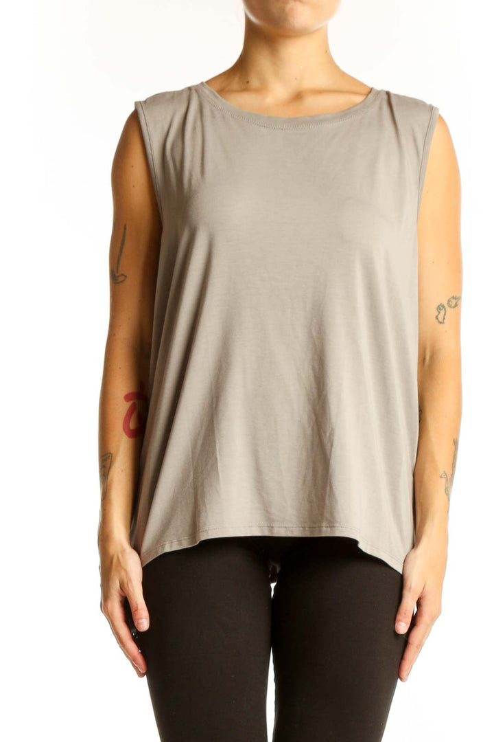 Front view of Athleta taupe sleeveless athletic tank top