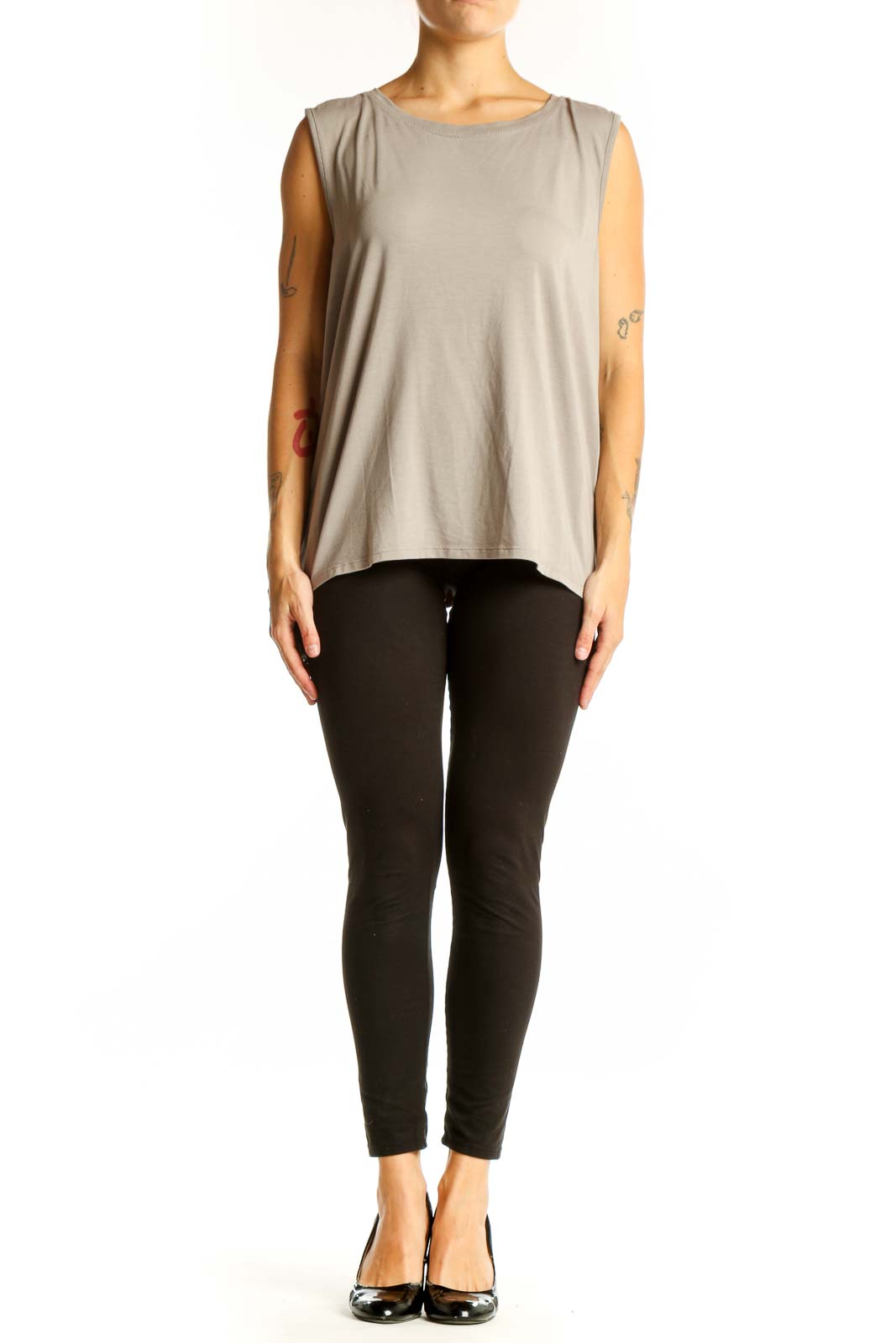 Front view of Athleta taupe sleeveless athletic tank top