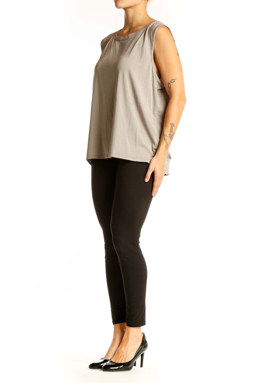 Front view of Athleta taupe sleeveless athletic tank top