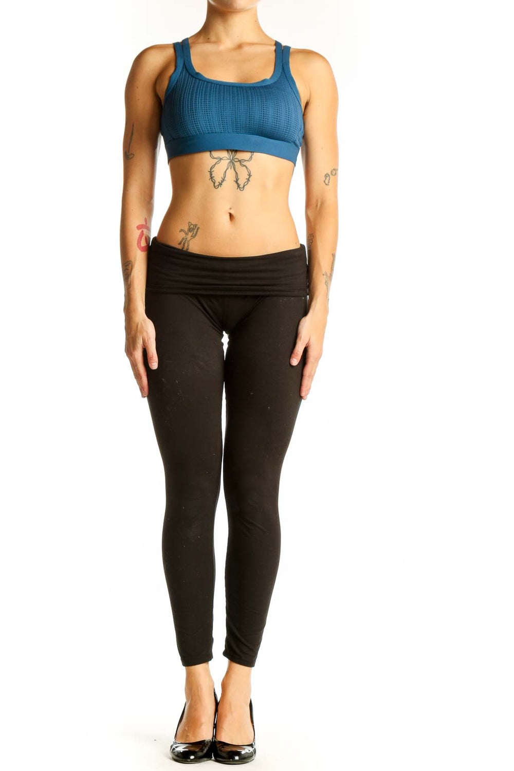 Front view of blue textured Under Armour racerback sports bra