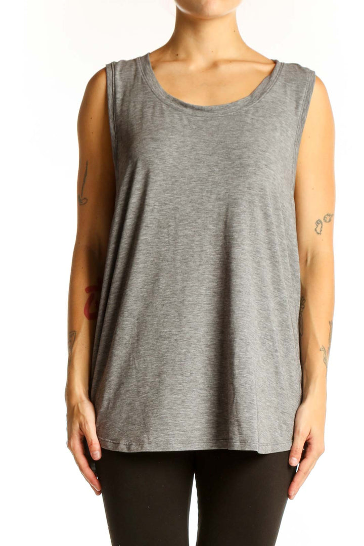 Front view of gray GapFit sleeveless athletic tank top