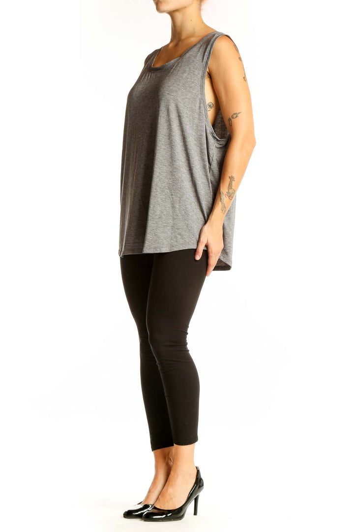 Front view of gray GapFit sleeveless athletic tank top