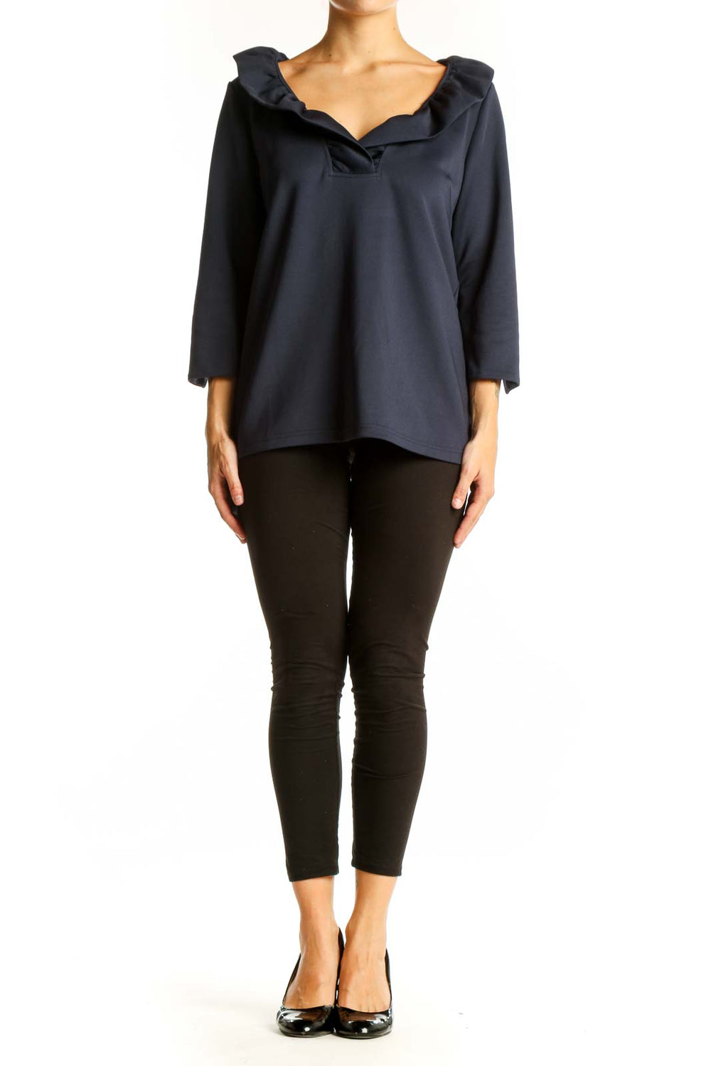 Front view of navy ruffled V-neck blouse by Gretchen Scott Designs