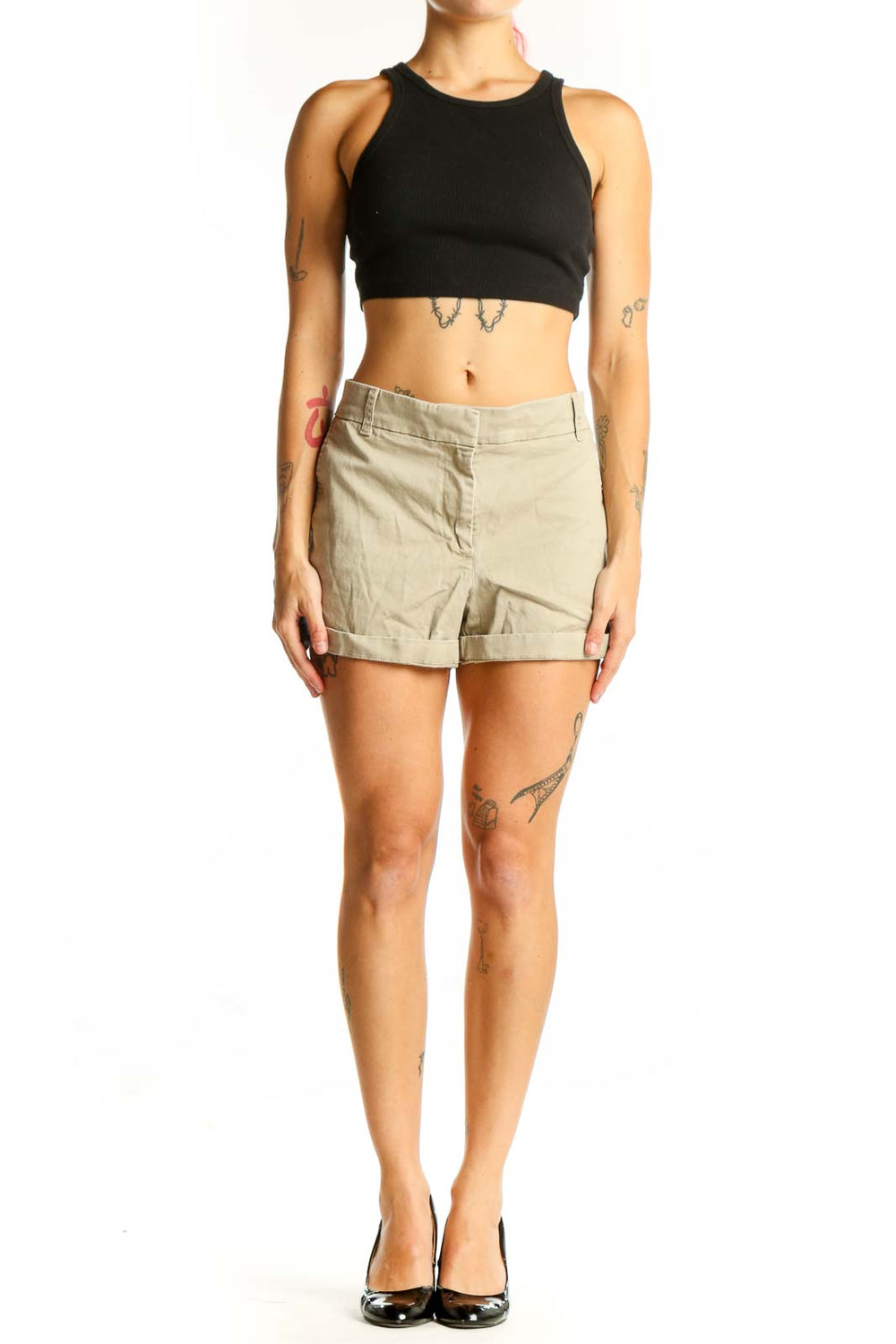 Front view of J.Crew khaki chino shorts on model
