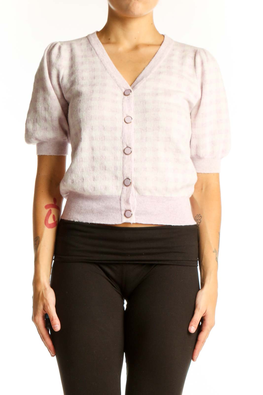 Front view of HeartLoom light pink cropped cardigan with puff sleeves