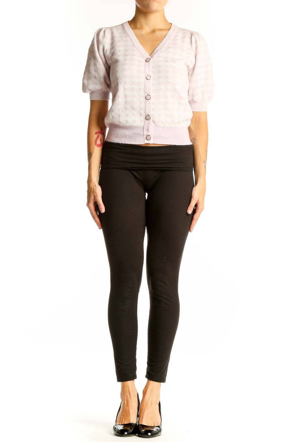 Front view of HeartLoom light pink cropped cardigan with puff sleeves