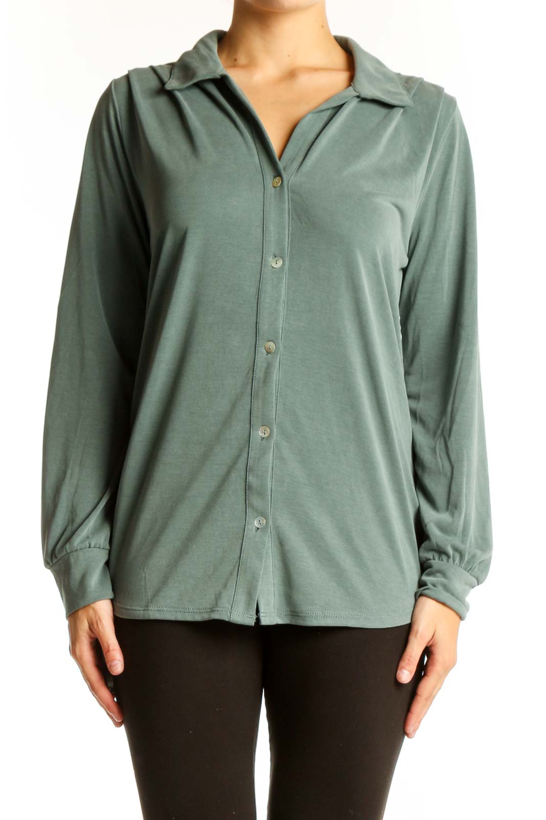 Front view of sage green long sleeve button-down blouse by Green Envelope