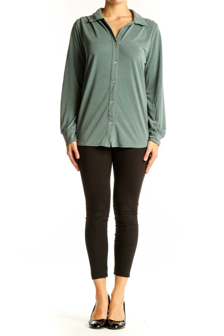 Front view of sage green long sleeve button-down blouse by Green Envelope
