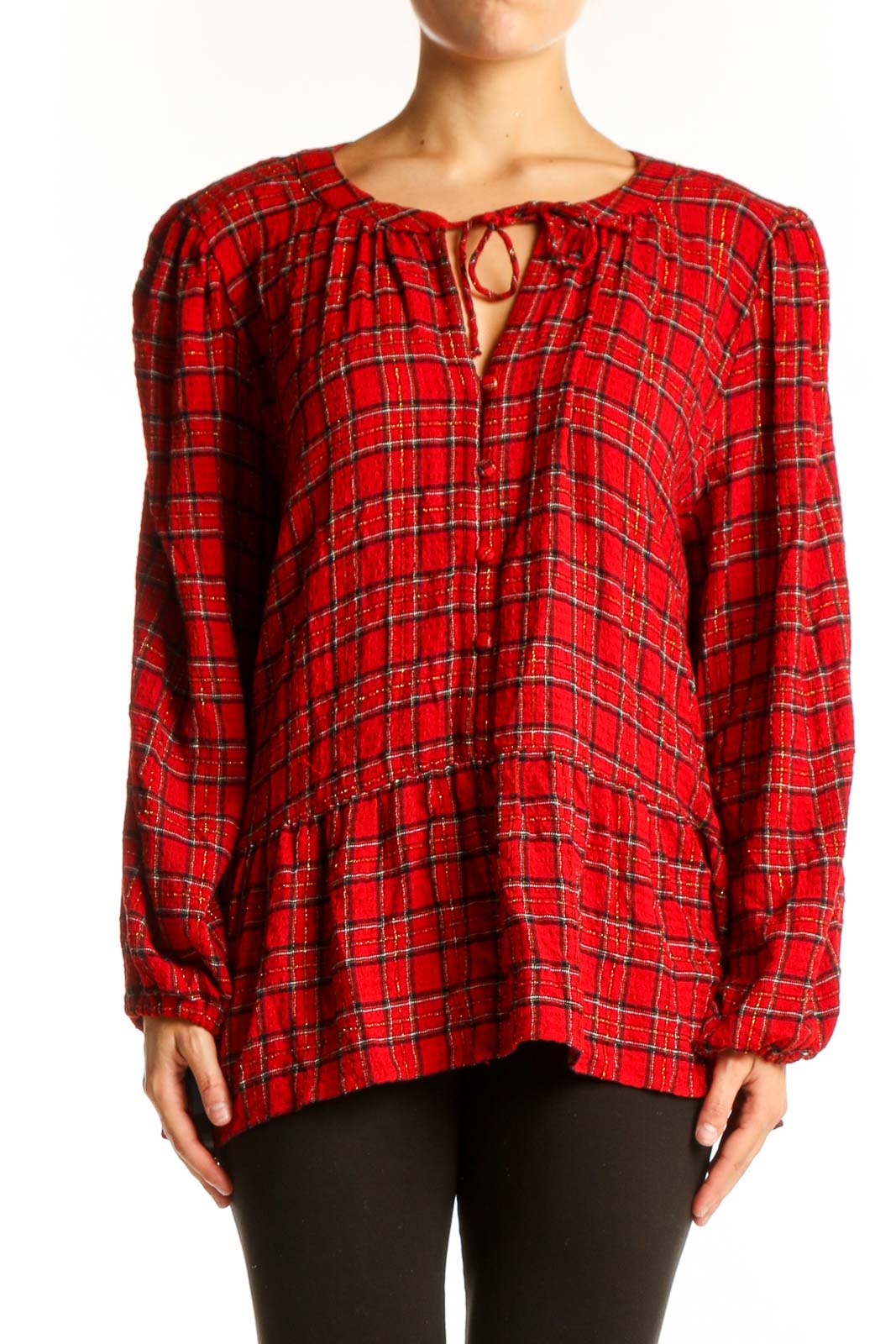 Front view of red plaid long sleeve peplum blouse from LOFT