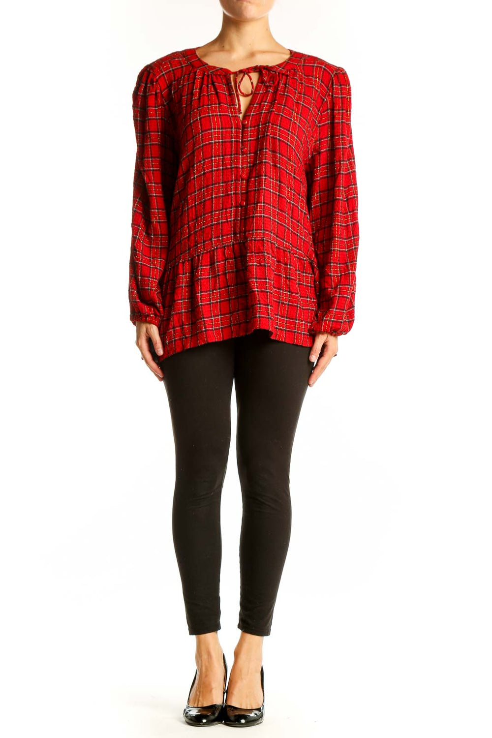 Front view of red plaid long sleeve peplum blouse from LOFT